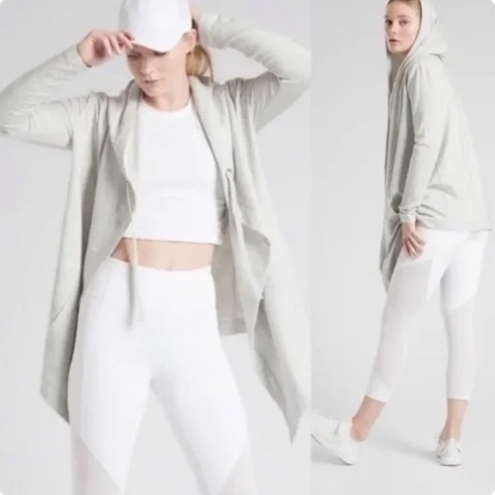 Athleta vista wrap heather gray hooded open front cardigan sweater size XS